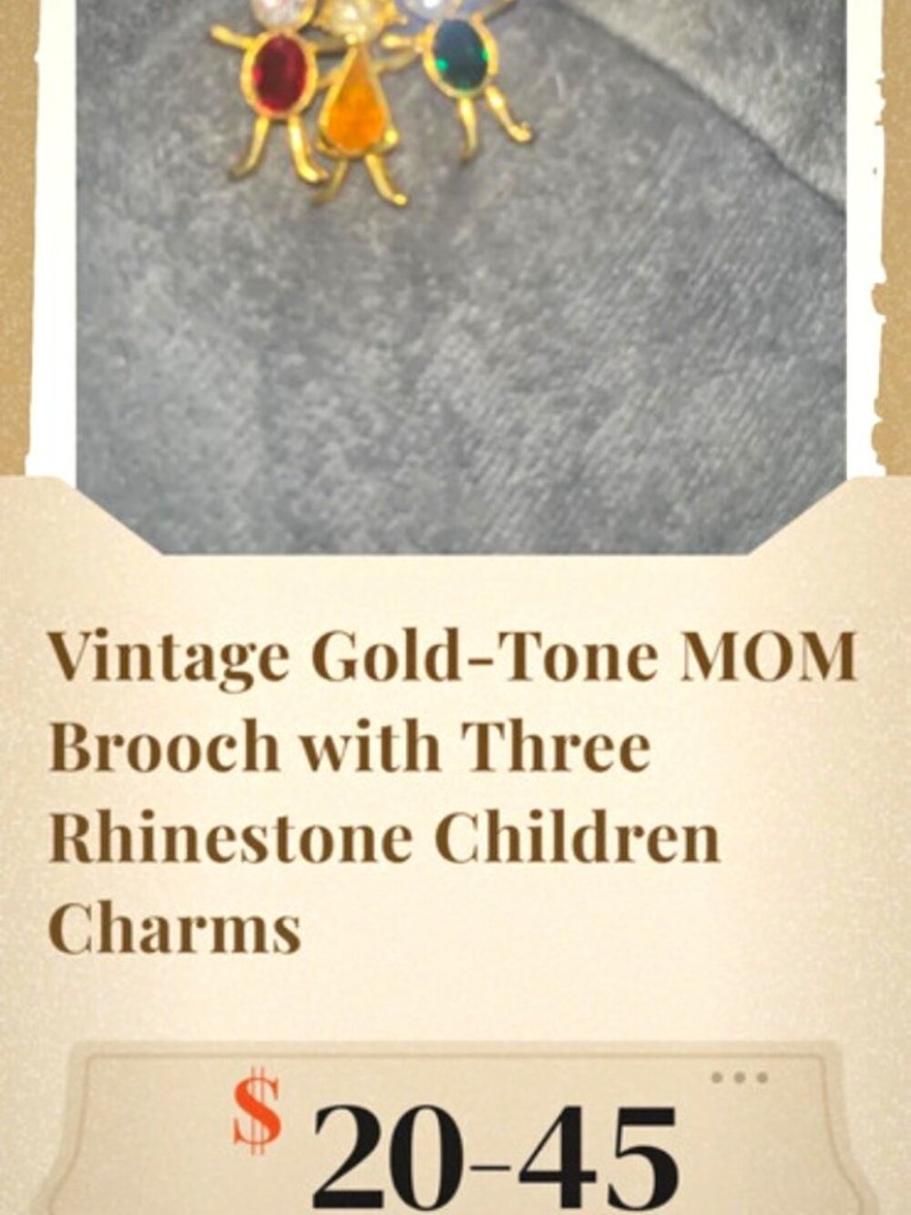 Vintage Gold Tone MOM Brooch Pin w/ Rhinestone Children Charm Dangles